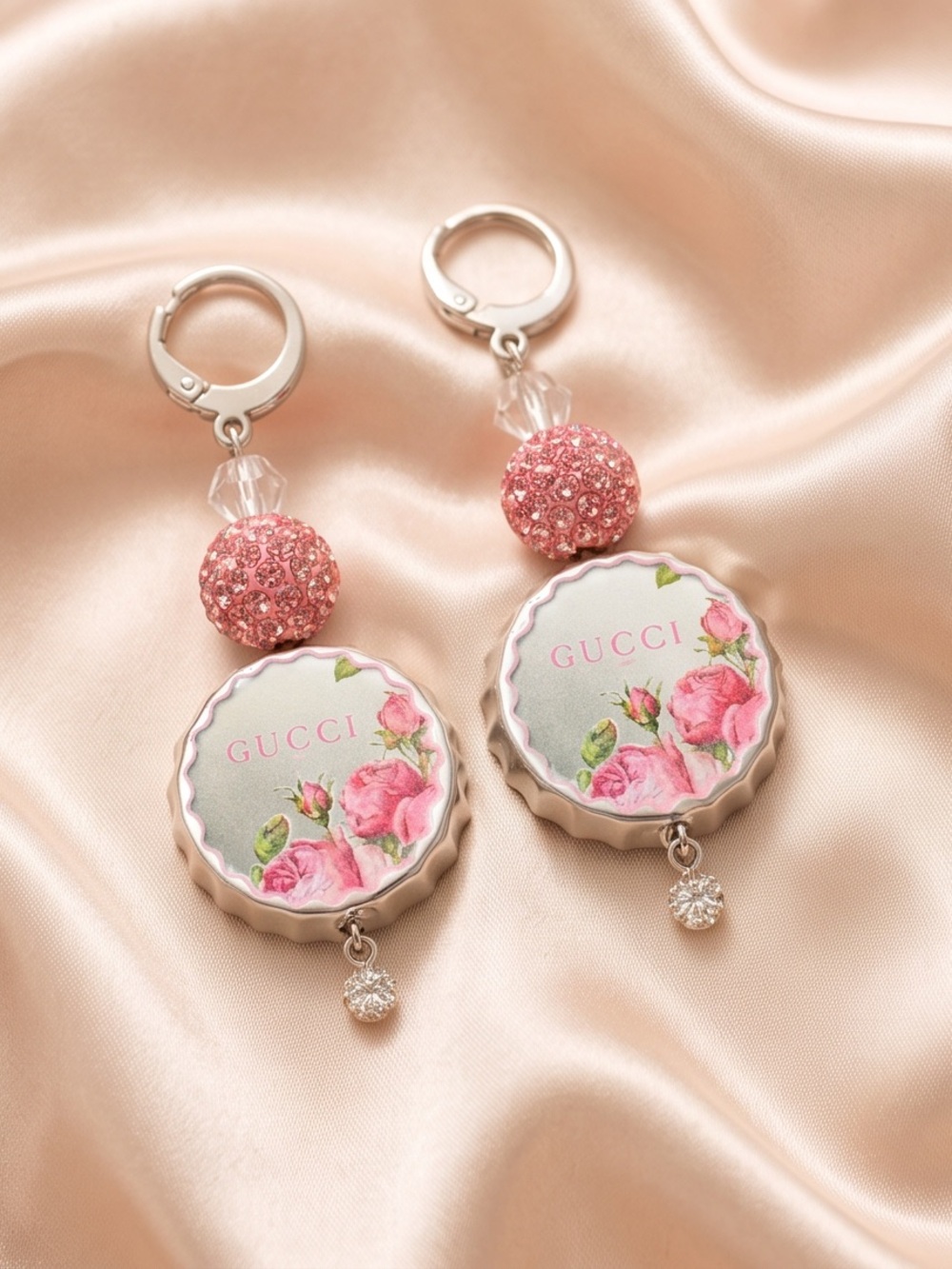 Pink Floral Bottlecap Drop Earrings
